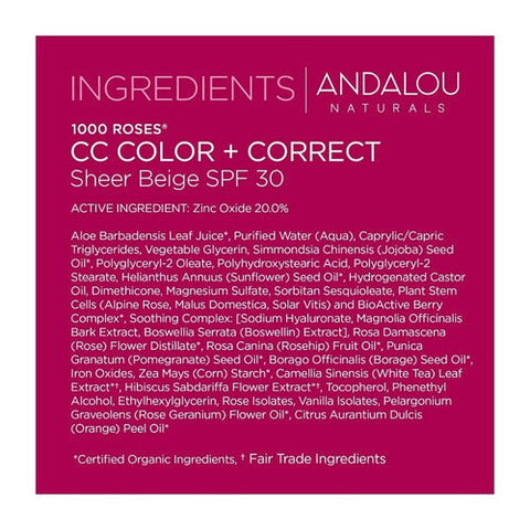 Andalou Naturals, 1000 Roses CC Color + Correct Sheer Beige SPF 30, 2 Oz Andalou Naturals