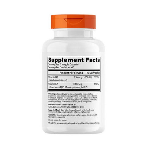 Doctors Best, Natural Vitamin K2 MK-7 with MenaQ7 plus Vitamin D3, 180 mcg, 60 Veggie Caps Doctors Best