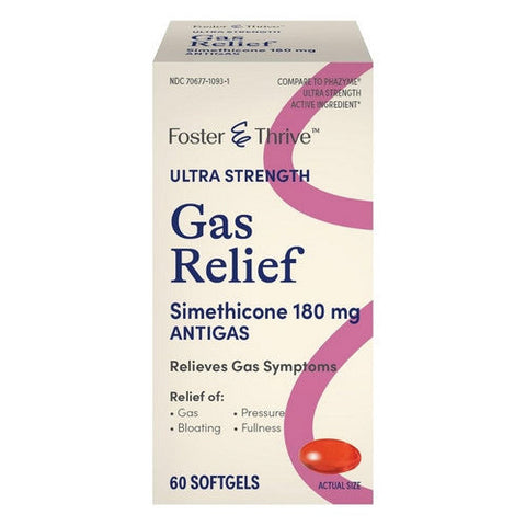 Foster And Thrive, Ultra Strength Gas Relief Simethicone Softgels, 180 Mg, 60 Caps Foster And Thrive