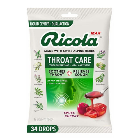 Ricola, Max Throat Care Cough Suppressant Oral Anesthetic Drops Swiss Cherry, 34 Count Ricola
