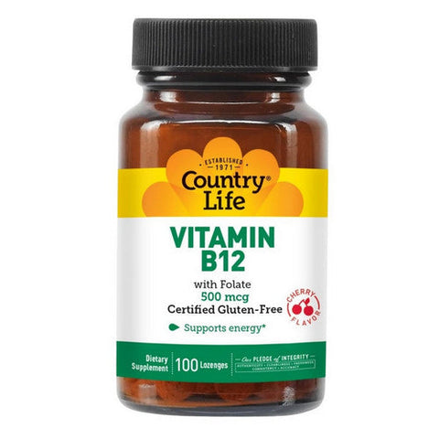 Country Life, Vitamin B12 With Folate Cherry, 500 Mcg, 100 Lozenges Country Life