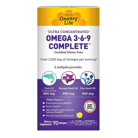 Ultra Concentrated Omega 3-6-9 Complete Natural Lemon 90 Softgel by Country Life