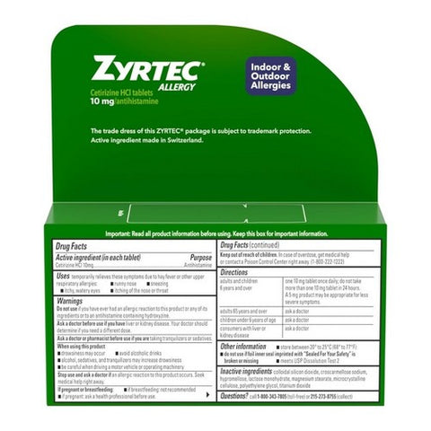 Zyrtec, Allergy Cetirizine HCl 24 Hour, 10 mg, 30 Tabs Zyrtec